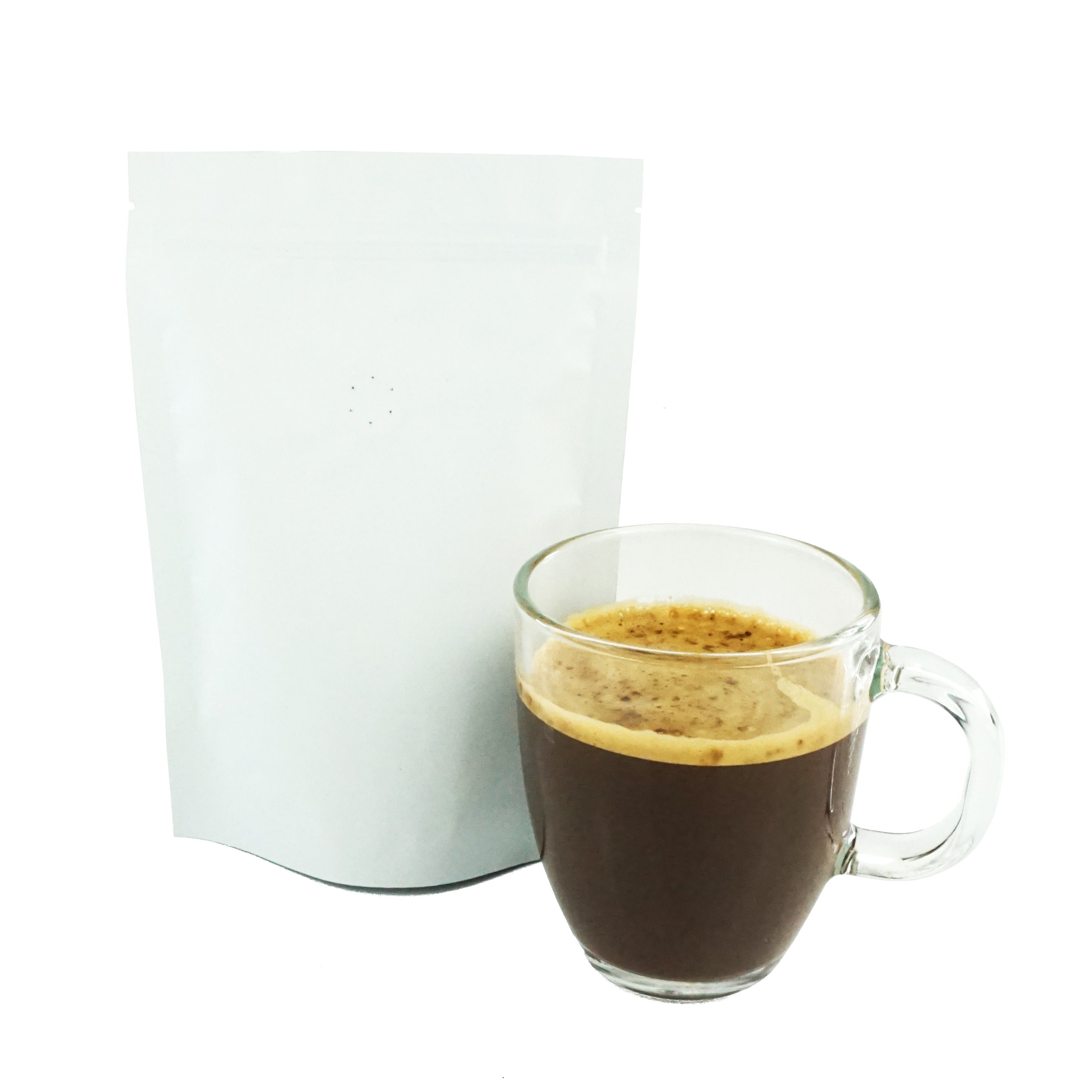 Light Roast White Foil Coffee Valve Stand Strong® Pouches with Zipper Seal