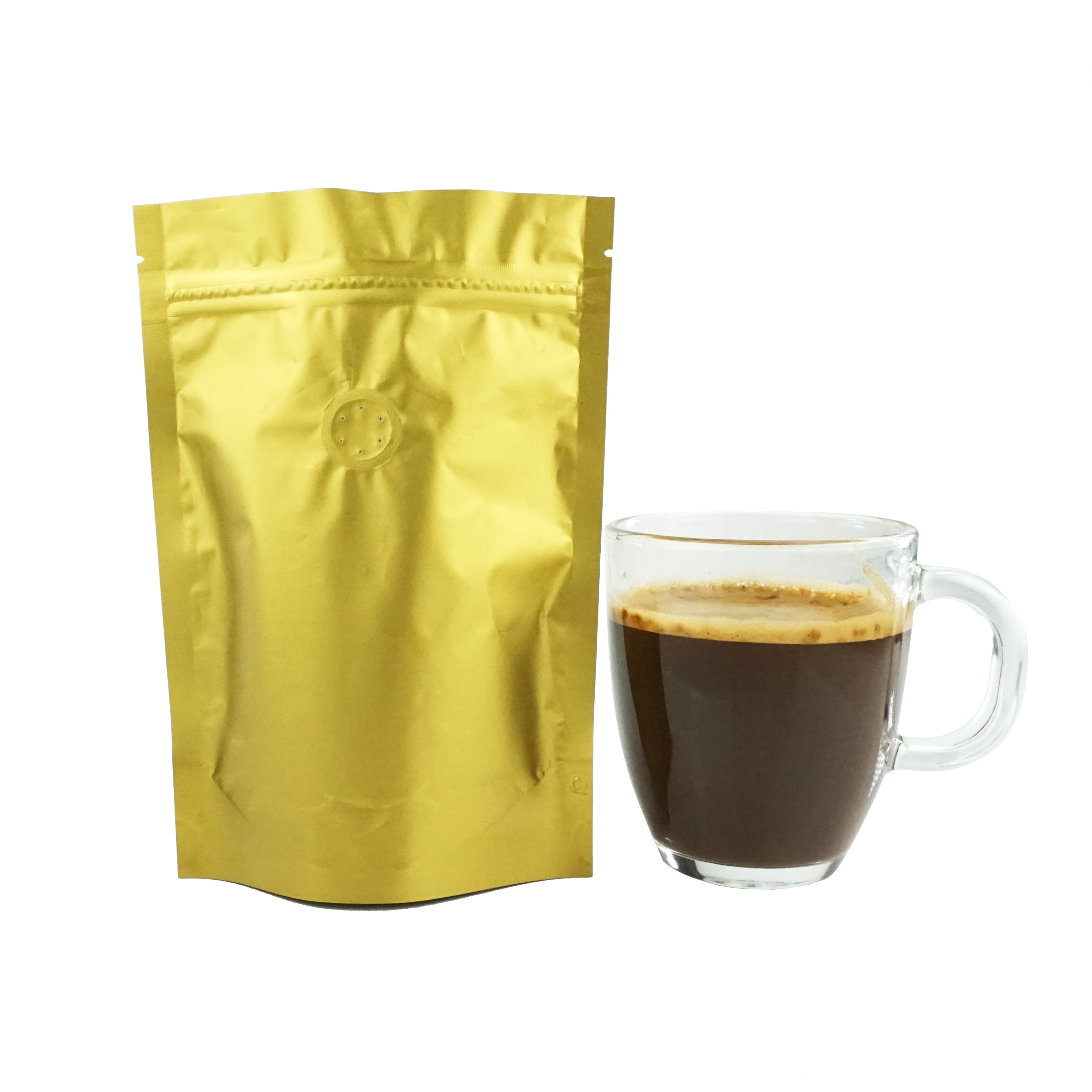 Blonde Roast Gold Foil Coffee Valve Stand Strong® Pouches with Zipper Seal