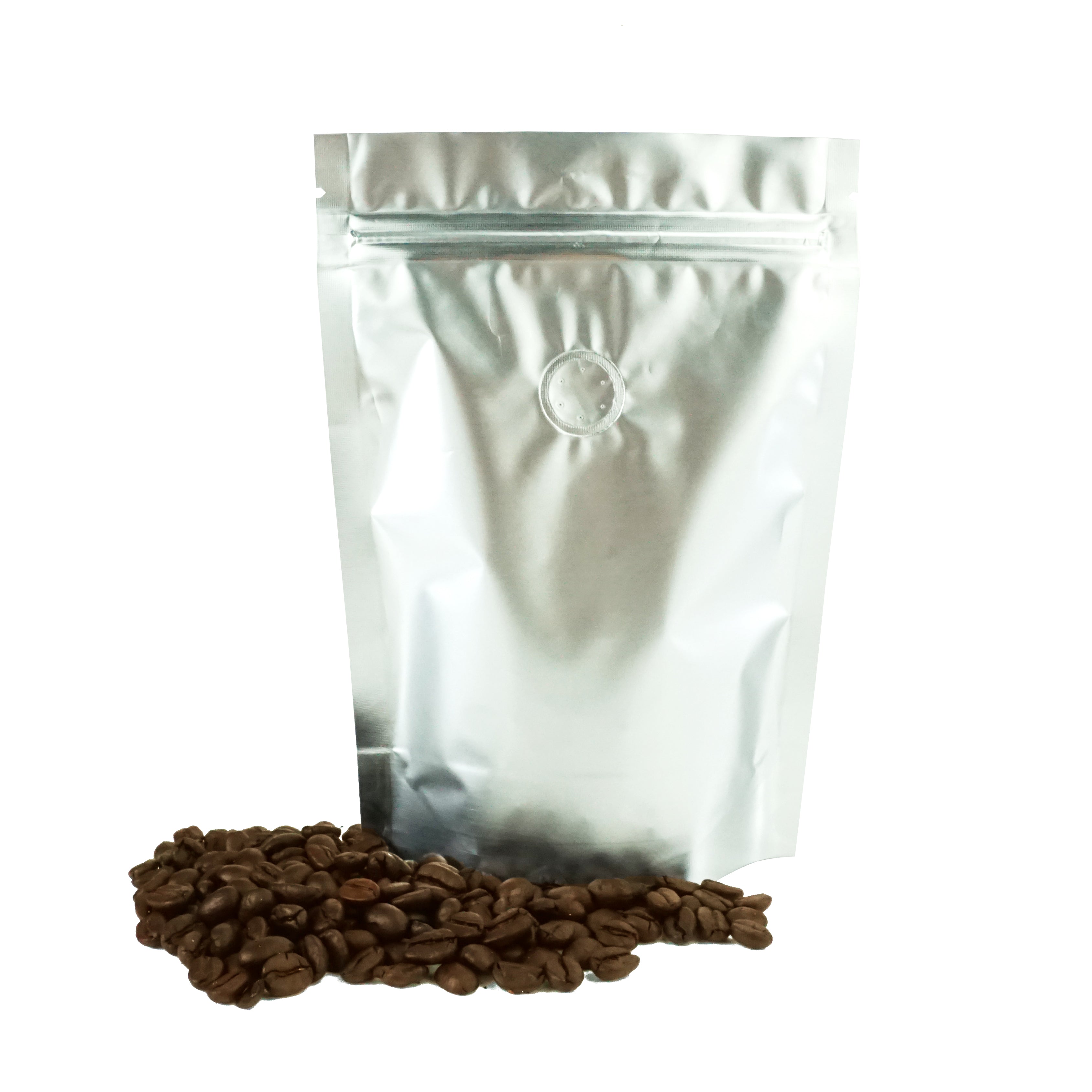 New Kettle Silver Foil Coffee Valve Stand Strong® Pouches with Zipper Seal