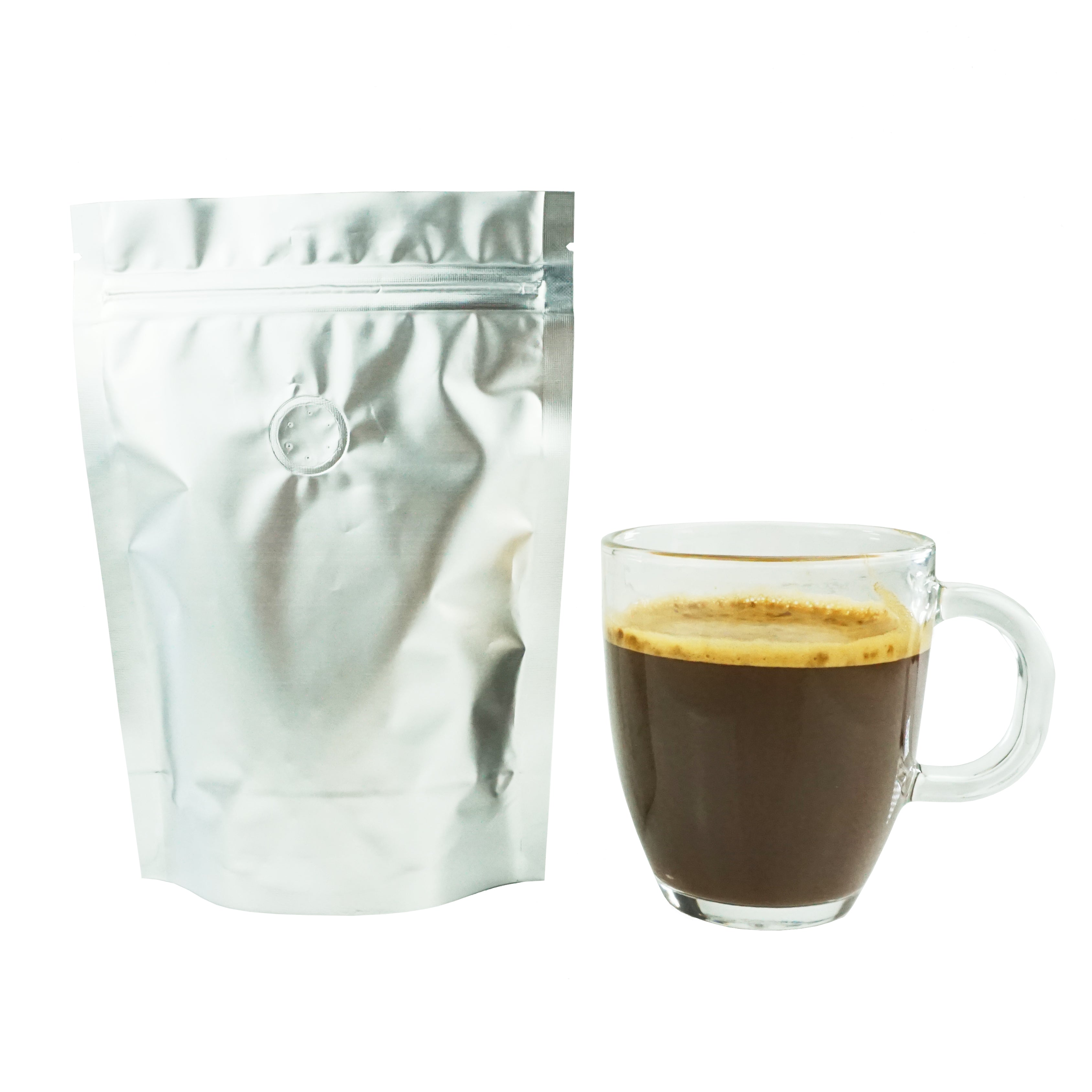 New Kettle Silver Foil Coffee Valve Stand Strong® Pouches with Zipper Seal