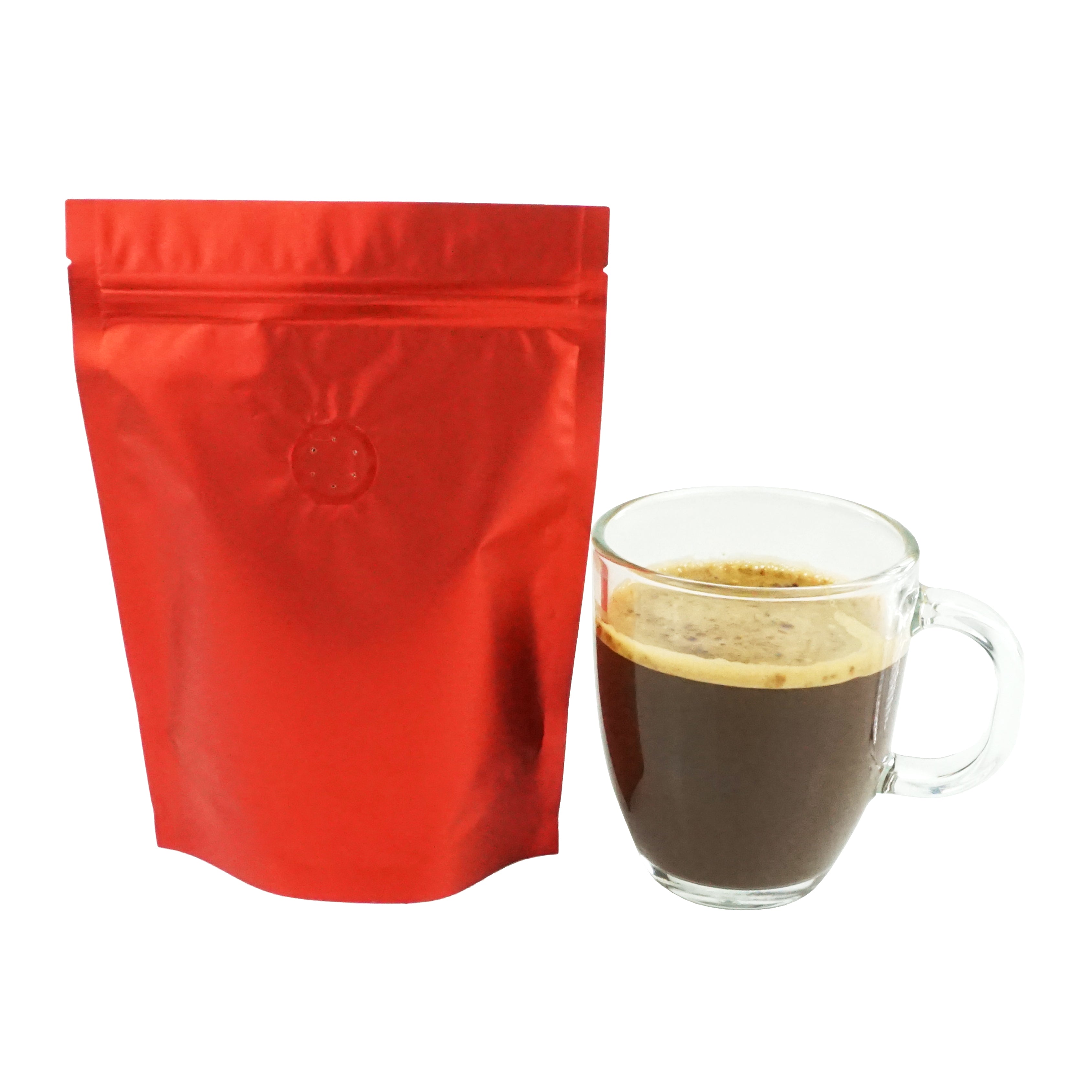 Americano Red Foil Coffee Valve Stand Strong® Pouches with Zipper Seal