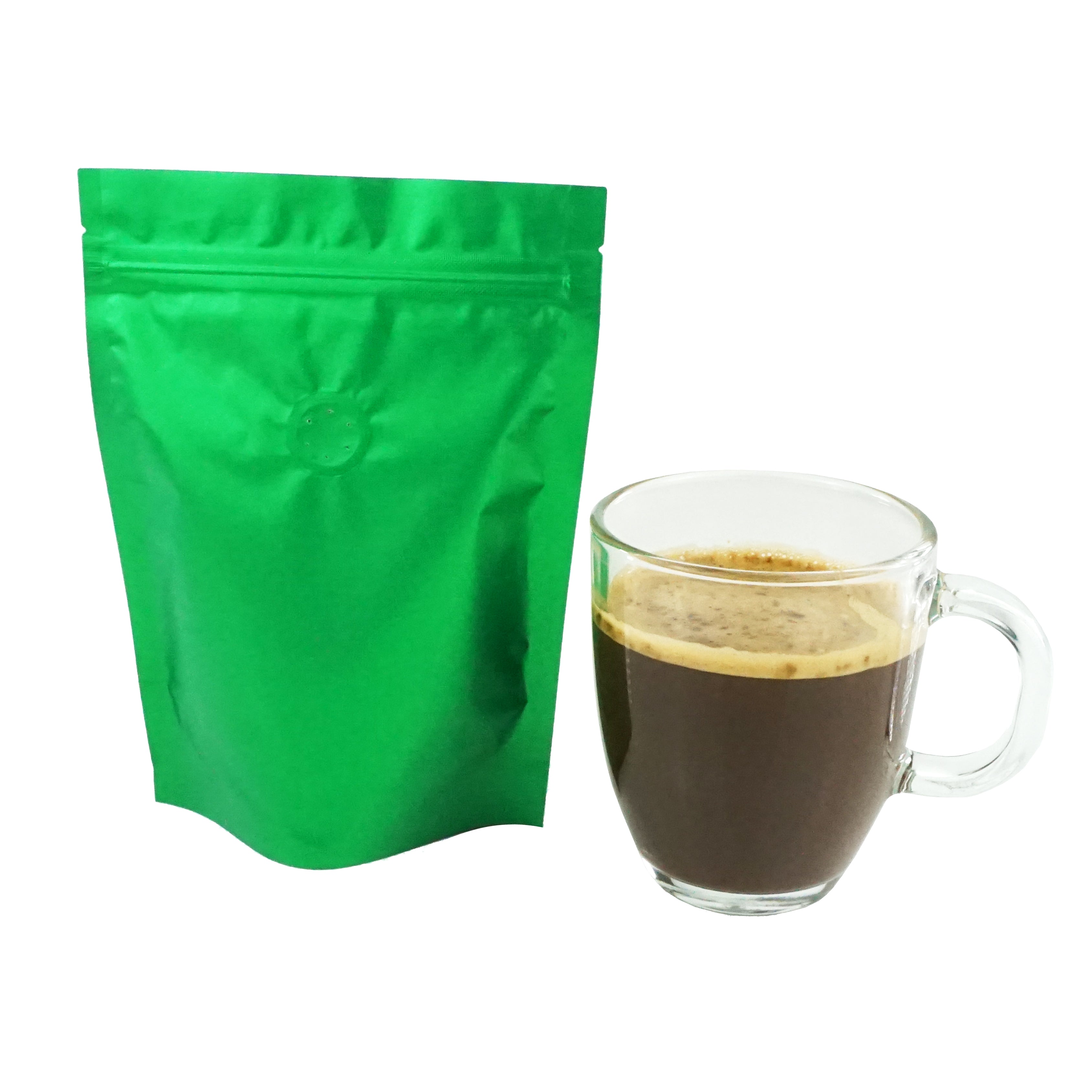 Matcha Green Foil Coffee Valve Stand Strong® Pouches with Zipper Seal
