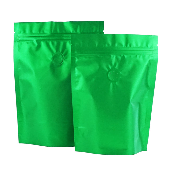 QQ Studio® Matcha Green Foil Coffee Valve StandStrong™ Pouches with Zipper Seal