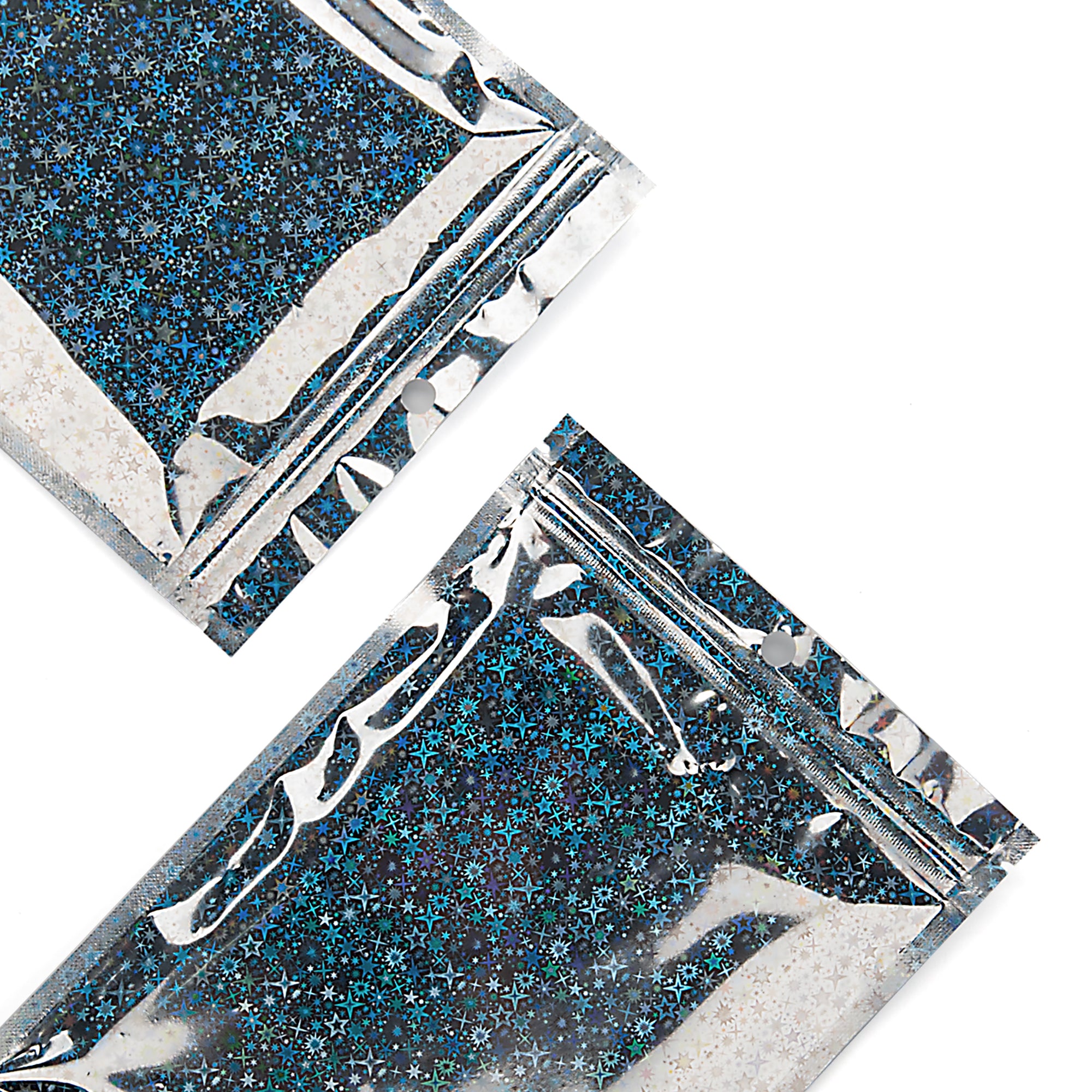 Reusable Flat Zipper Seal Bags – Clear & Half Diamond Holographic Glitter Mylar with Hang Hole