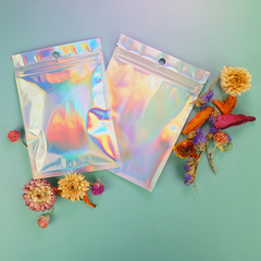 Mylar Flat Zipper Seal Bags – Clear and Diamond Holographic Design with Hang Hole
