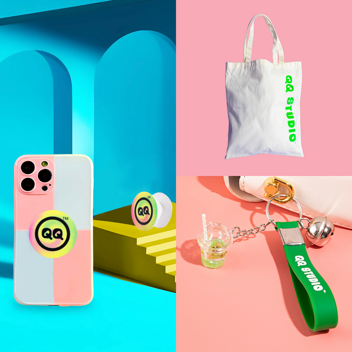 QQ Studio® Gift - Pop Socket + Keychain + Canvas Tote Bag